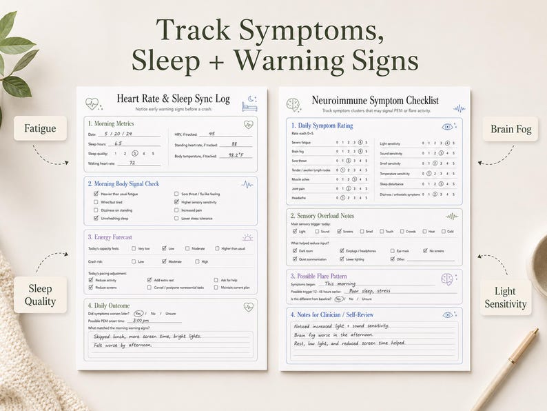 Printable symptom checklist and sleep tracking pages for Long Covid.