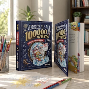 Puede incluir: Un libro de tapa dura azul marino, titulado "Building the Ultimate Brains 100000 Whys Fun and Joyful Science", se muestra abierto y cerrado. La portada presenta letras doradas y una ilustración colorida. Lápices y dibujos en primer plano.