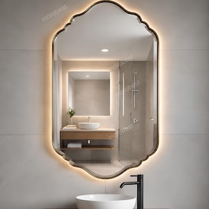 Luxury LED Backlit Scalloped Brass Mirror, Antique Gold Handmade Moroccan Shield Decor, Custom Sizes