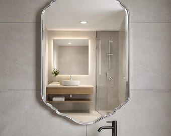 Espejo plateado con borde festoneado, decoración de pared con forma de escudo marroquí hecha a mano, adorno para baño, tamaños personalizados disponibles.