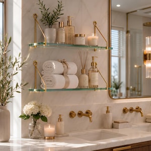 May include: Two glass shelves with gold metal brackets mounted on a white marble wall. The top shelf holds a small potted plant, three bottles, and a candle. The bottom shelf holds two rolled white towels tied with a ribbon and a reed diffuser.