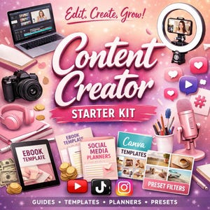 Puede incluir: Imagen promocional para un kit de inicio de creador de contenido. La imagen presenta una computadora portátil, cámara, aro de luz, micrófono, auriculares, tableta y plantillas. El texto dice "Edit. Create. Grow!" y "Content Creator Starter Kit."