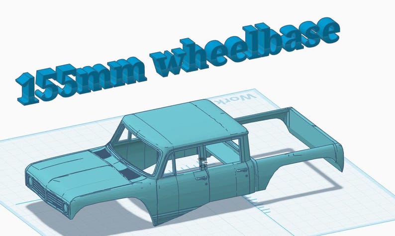 May include: A light blue 3D model of a pickup truck body shell featuring a cabin and an open cargo bed. The text 155mm wheelbase is displayed in large, bold, light blue letters above the vehicle model on a grid background.