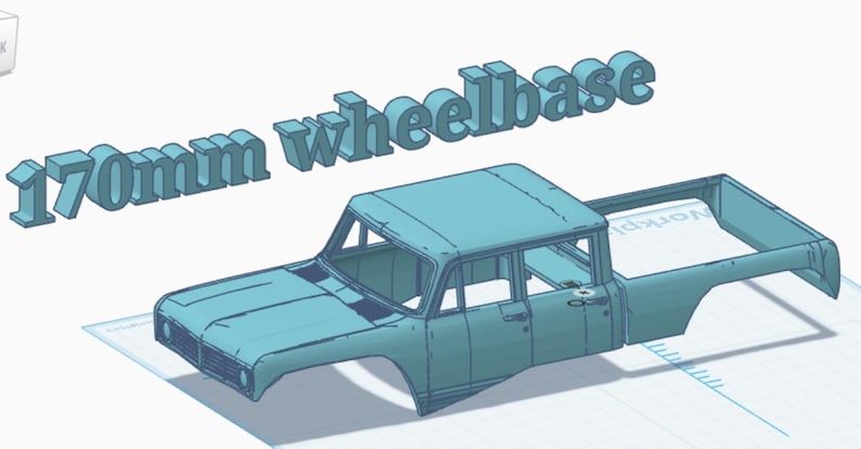 May include: A light blue 3D model of a four-door pickup truck body shell with a 170mm wheelbase. The digital rendering displays the exterior frame of the vehicle, including the hood, roof, cabin, and open truck bed, presented in a clean, technical view.