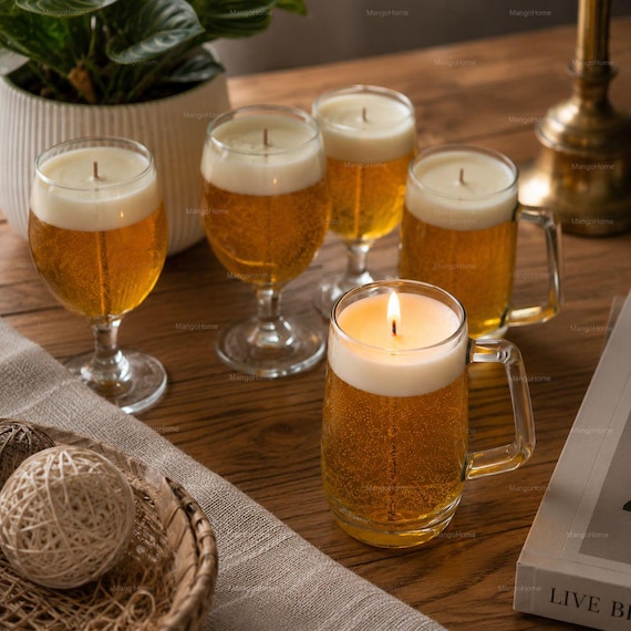 A candle painstakingly sculpted and poured to look exactly like a full pint of beer — the 'wait, is that real?' double-take is the whole point.