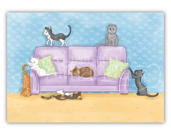 Cute Cat Art Print, Funny Cats Wall Art, Cat Lover Gift, Crazy Cat Lady Gift, Cute Animal Illustration, Cat Home Decor