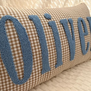 Personalized Gingham Punch Needle Pillow, Custom Name Nursery Decor Cushion