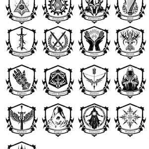 Pu&ograve; includere: Un grafico in bianco e nero intitolato Custom Class Locks Available, che presenta diciassette icone distinte a forma di scudo. Ogni icona mostra un simbolo unico che rappresenta una classe di personaggio, come Alchemist, Barbarian o Wizard, con il nome stampato su un banner sotto ogni emblema.