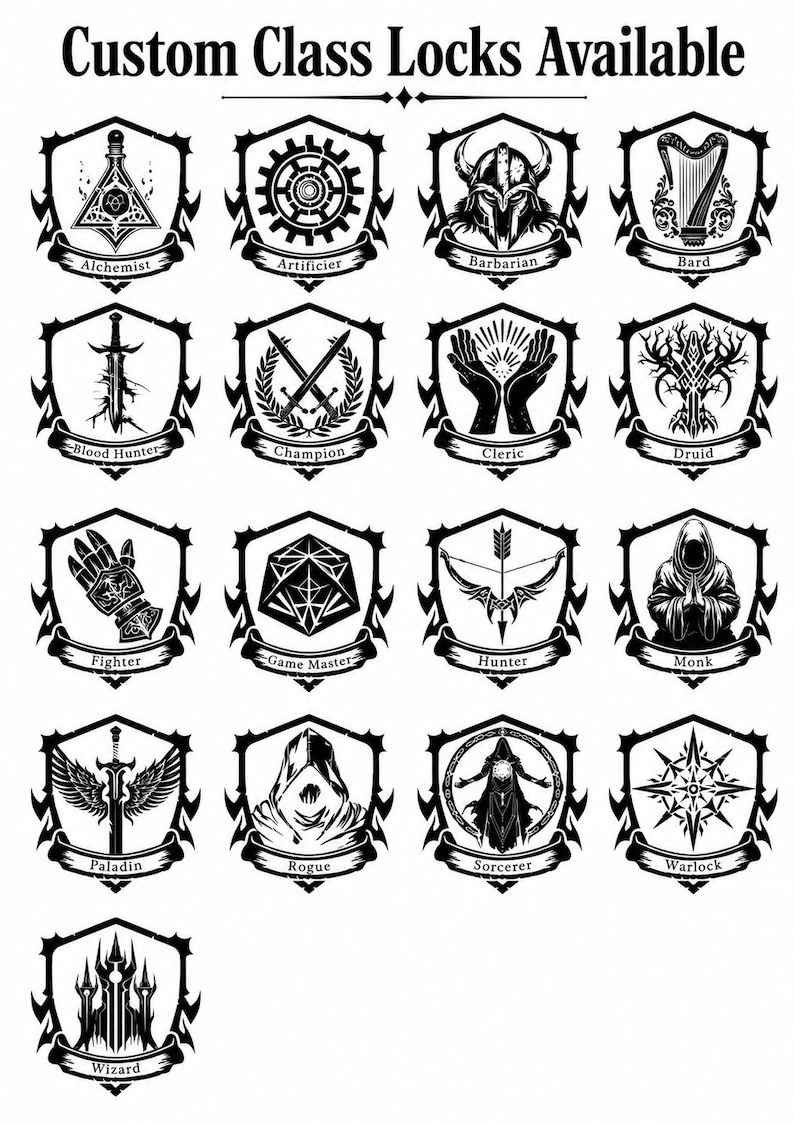 Pu&ograve; includere: Un grafico in bianco e nero intitolato Custom Class Locks Available, che presenta diciassette icone distinte a forma di scudo. Ogni icona mostra un simbolo unico che rappresenta una classe di personaggio, come Alchemist, Barbarian o Wizard, con il nome stampato su un banner sotto ogni emblema.
