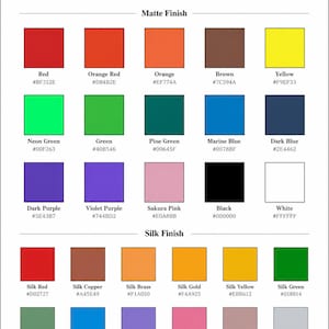 Pu&ograve; includere: Una tabella colori intitolata Color Options che mostra due categorie: Matte Finish e Silk Finish. La sezione Matte presenta 15 quadrati di colore solido con etichette e codici esadecimali. La sezione Silk presenta 12 quadrati con etichette e codici.