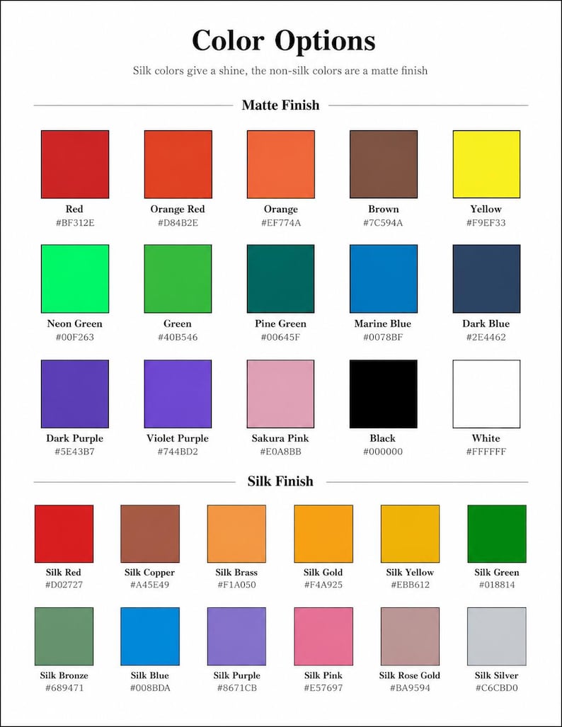 Pu&ograve; includere: Una tabella colori intitolata Color Options che mostra due categorie: Matte Finish e Silk Finish. La sezione Matte presenta 15 quadrati di colore solido con etichette e codici esadecimali. La sezione Silk presenta 12 quadrati con etichette e codici.