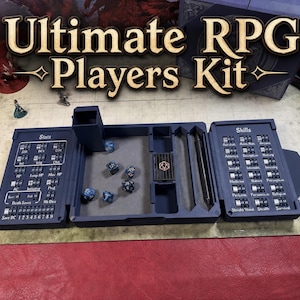 May include: A dark blue, foldable tabletop gaming organizer labeled Ultimate RPG Players Kit. It features a central dice rolling tray with blue dice, a dice tower, a pen slot, and two side panels with rotatable dials for tracking character stats and skills.