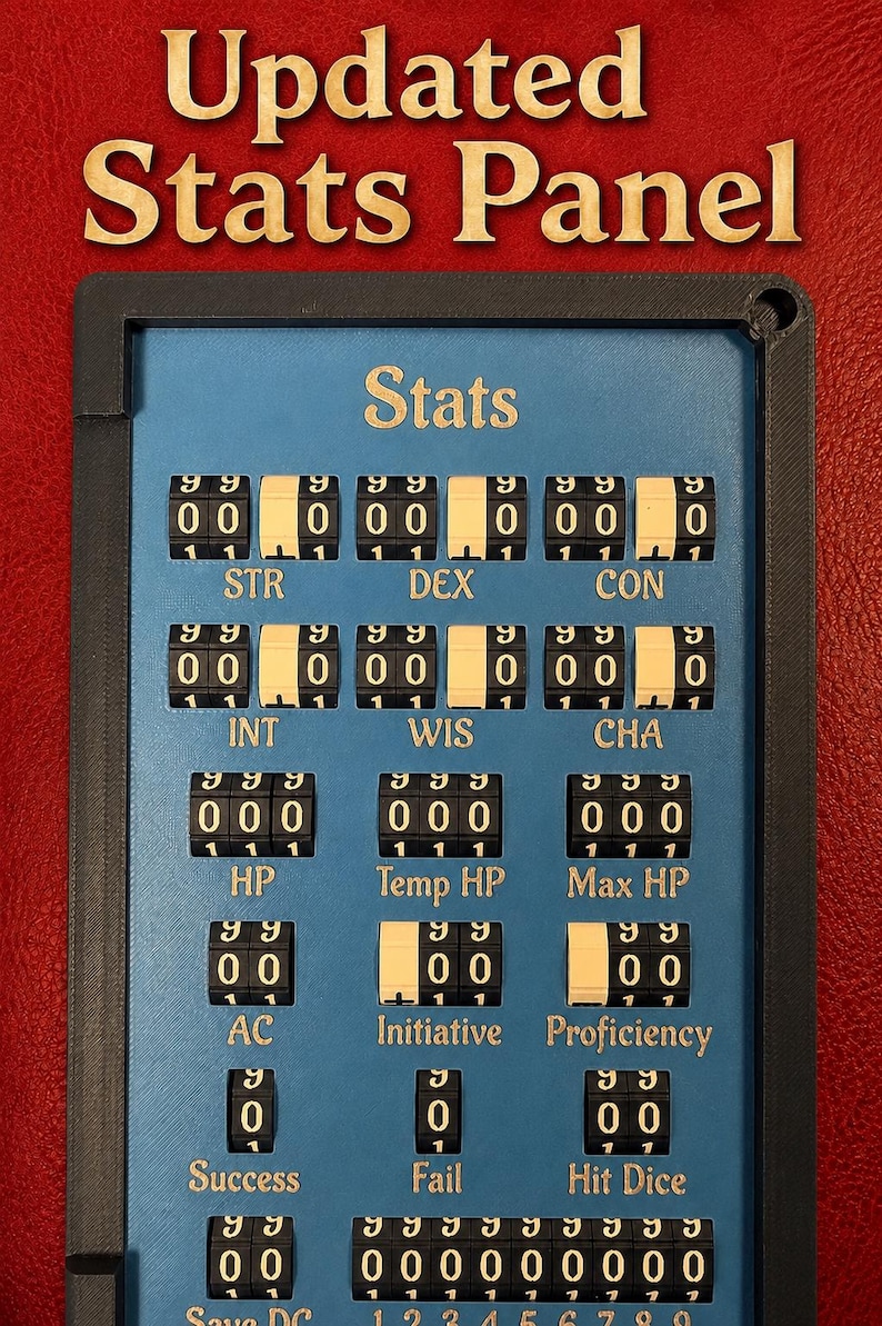 Pu&ograve; includere: Un pannello statistiche blu rettangolare con cornice nera dotato di file di quadranti numerici rotanti. Il pannello mostra etichette tra cui STR, DEX, CON, INT, WIS, CHA, HP, Temp HP, Max HP, AC, Initiative, Proficiency, Success, Fail, Hit Dice e Save DC.