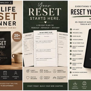 Könnte beinhalten: Ein digitaler Planer mit dem Titel The Life Reset Planner, bestehend aus einem schwarzen Einband mit Sonnensymbol, über 20 geführten Arbeitsblättern, einem 90-Tage-Plan, Lebensaudit, Finanz-Tracker und Gesundheits-Logbüchern.