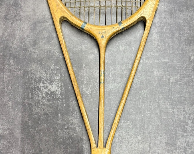 Featured listing image: 1930s Hazells Streamline Blue Star Tennis Racket, Bunny Austin Triple-Shaft Wooden Racket, Museum Rare