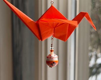 Oranje happy cat origami kraanornament