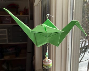 Groen happy cat origami kraanornament