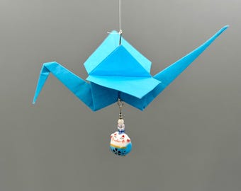 Blue happy cat origami crane ornament