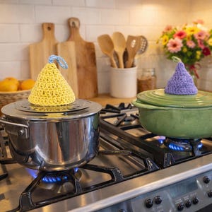 May include: A stainless steel pot with a yellow crocheted lid cover and a blue loop handle sits on a gas stove. A green pot with a purple crocheted lid cover is next to it. Kitchen decor includes wooden cutting boards and a bouquet of flowers.