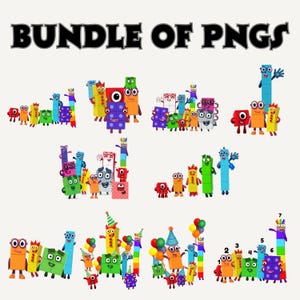 May include: A digital collection of colorful Numberblocks characters in various poses and groupings, featuring the text BUNDLE OF PNGS at the top. The characters are composed of stacked cubes with faces, arms, and legs in vibrant primary colors.