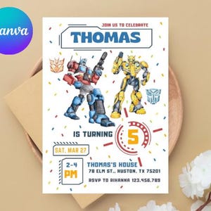Può includere: Un invito per una festa di compleanno con illustrazioni di Transformers. L'invito include il nome "THOMAS", l'età "5" e i dettagli dell'evento come la data, l'ora e il luogo. Il logo Canva si trova nell'angolo in alto a sinistra.