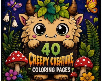 May include: A coloring book cover featuring a fluffy tan creature with horns and a leafy crown, holding a wooden sign that reads 40 CREEPY CREATURE COLORING PAGES. The scene includes red spotted mushrooms, colorful butterflies, and green foliage.
