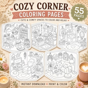May include: A digital collection of 55 coloring pages titled Cozy Corner Coloring Pages, featuring black and white line art illustrations of various interior rooms including a craft room, kitchen, bathroom, and living spaces with cute decor.