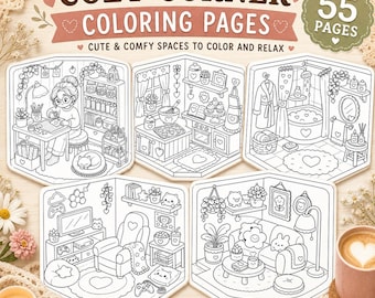 Schattig en gezellig kleurboek, 55 vrolijke en makkelijke kleurplaten met een knus hoekje, digitale download, kawaii kleurplaten met een gezellig hoekje
