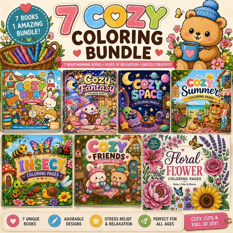 coco wyo, coloringbook, cozy coloring book, bold easy coloring, coloring bundle, kawaii coloring, easy coloring pages, cute coloring pages, stress relief, adult coloring pages, coloring book, mindfulness, relaxing coloring