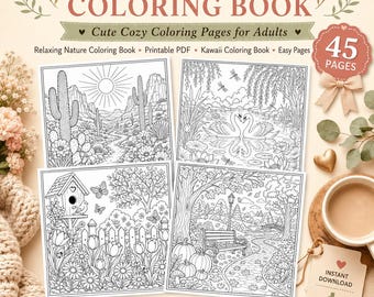 Cosy Nature Kleurboek Leuke Cosy Kleurplaten voor volwassenen Ontspannende natuur Kleurboek Afdrukbare pdf Kawaii Coloring Book Easy Pages