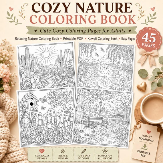 Cozy Nature Coloring Book Cute Cozy Coloring Pages for Adults Relaxing Nature Coloring Book Printable PDF Kawaii Coloring Book Easy Pages