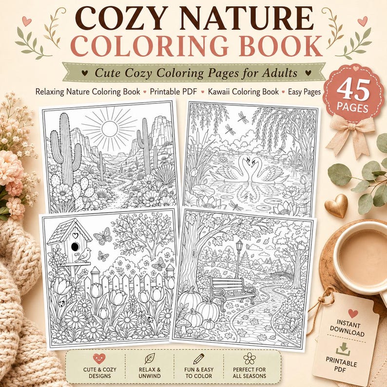 Nature coloring pages
Nature coloring book
Cozy nature coloring
Printable coloring pages
Adult coloring pages
Relaxing coloring book
Nature printable PDF
Easy coloring pages
Kawaii coloring book
Cute nature coloring
Forest coloring pages