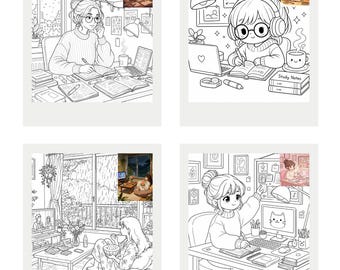 May include: Four black and white illustrations of people studying or relaxing. One shows a person at a desk with a laptop and books. Another depicts a person with headphones, a laptop, and a coffee cup. The other two show people relaxing.