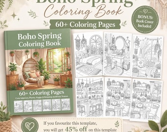 Boho lente kleurboek met meer dan 60 kleurplaten voor volwassenen, printbaar, hygge, gezellig, interieur esthetisch | Leuke Cottagecore Hygge kleurplaten