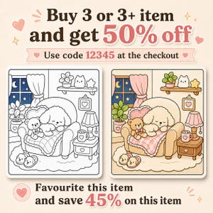 May include: Two side-by-side illustrations of a cozy room with a sleeping puppy in an armchair, a teddy bear, a lamp, and a night window. The left image is a black and white line drawing, while the right image is colored in soft pastel tones.