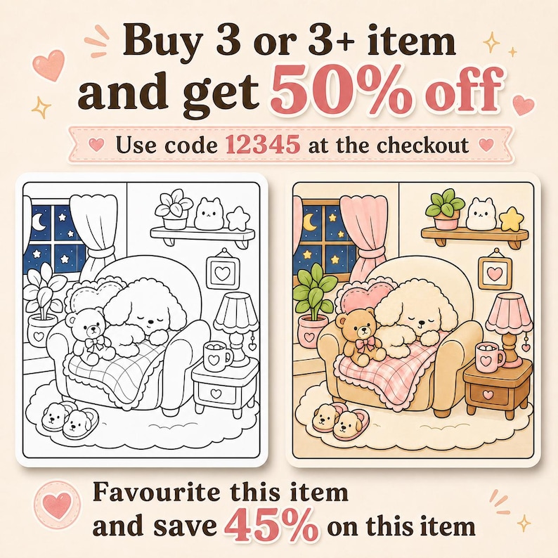 May include: Two side-by-side illustrations of a cozy room with a sleeping puppy in an armchair, a teddy bear, a lamp, and a night window. The left image is a black and white line drawing, while the right image is colored in soft pastel tones.