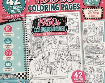 Kleurboek uit de jaren 50 | 42 vintage retro kleurplaten | Printbare PDF uit het midden van de vorige eeuw | Direct downloaden | Nostalgisch kleurboek