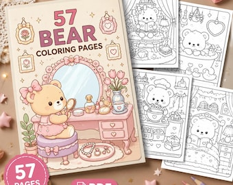 Dibujos para colorear de osos para niños, 57 láminas imprimibles de osos adorables, PDF de animales kawaii, descarga digital instantánea.