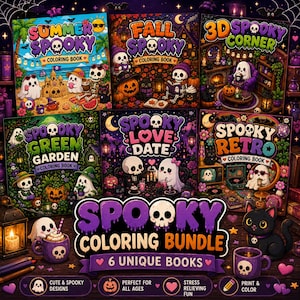 May include: A collection of six coloring books titled Summer Spooky, Fall Spooky, 3D Spooky Corner, Spooky Green Garden, Spooky Love Date, and Spooky Retro, featuring illustrations of ghosts, skeletons, and black cats in various seasonal settings.