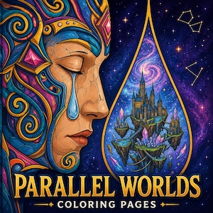 May include: A coloring book cover titled Parallel Worlds Coloring Pages featuring a profile of a face with cracked skin and blue tear, alongside a teardrop-shaped portal containing a floating castle, crystals, and a swirling galaxy background.