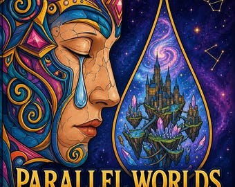 May include: A coloring book cover titled Parallel Worlds Coloring Pages featuring a profile of a face with cracked skin and blue tear, alongside a teardrop-shaped portal containing a floating castle, crystals, and a swirling galaxy background.