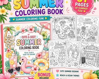 May include: A summer coloring book featuring 31 pages of summer fun. The cover displays a pink flamingo, a yellow pool float, a glass of lemonade, and hibiscus flowers. Several black and white coloring pages are shown, including a flamingo, a bicycle, a pineapple, and a beach shop, all with summer-themed illustrations.