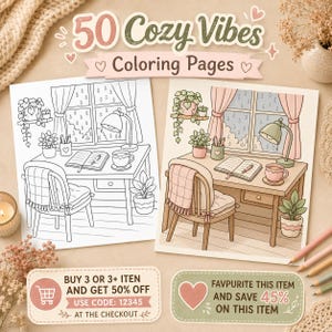 Cozy Vibes Coloring Book PDF, 50 Printable Coloring Pages, Cute Puppy, Rainy Day, Home Relaxation Digital Download image 2