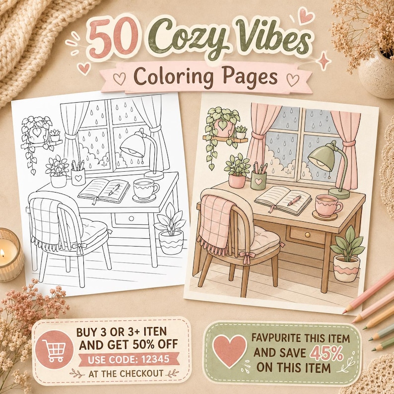 Cozy Vibes Coloring Book PDF, 50 Printable Coloring Pages, Cute Puppy, Rainy Day, Home Relaxation Digital Download image 2