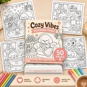 May include: A coloring book titled Cozy Vibes Coloring Pages featuring a puppy illustration on the cover, surrounded by four additional black and white puppy-themed coloring sheets, a stack of paper, and a set of colored pencils for creative use.