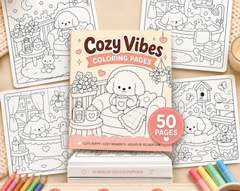 May include: A coloring book titled Cozy Vibes Coloring Pages featuring a puppy illustration on the cover, surrounded by four additional black and white puppy-themed coloring sheets, a stack of paper, and a set of colored pencils for creative use.