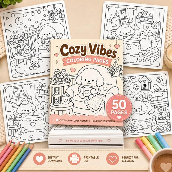 Cozy Vibes Coloring Book PDF, 50 Printable Coloring Pages, Cute Puppy, Rainy Day, Home Relaxation Digital Download