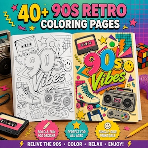 May include: An open colouring book featuring 40+ 90s Retro Colouring Pages with line art and coloured illustrations of cassette tapes, roller skates, boomboxes, game controllers, and the text 90s Vibes. The pages include geometric shapes and stars.