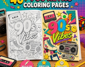 May include: An open coloring book featuring 40+ 90s Retro Coloring Pages with line art and colored illustrations of cassette tapes, roller skates, boomboxes, game controllers, and the text 90s Vibes. The pages include geometric shapes and stars.