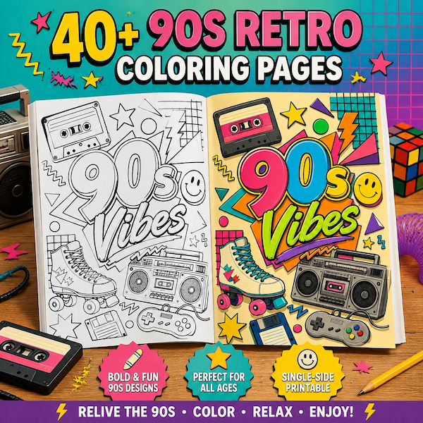 90s Nostalgia Coloring Book Printable, 40+ Retro Lifestyle Coloring Pages for Adults, 90s Throwback PDF, Vintage Aesthetic Instant Download